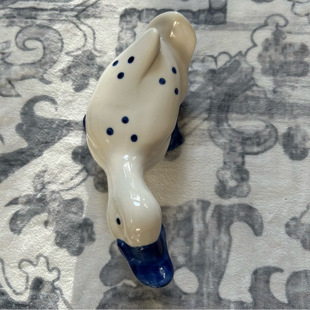 Vintage Hand-Painted Ceramic Duck Figurine – 8" Long with Blue Polka Dot Accents - Picture 3 of 5
